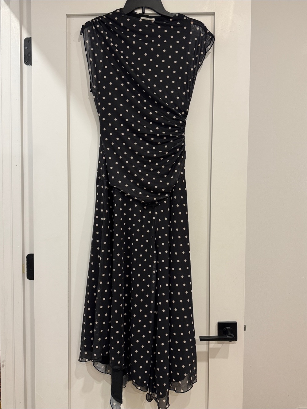 nine britton Black and Cream Polka Dot Asymmetrical Midi Dress